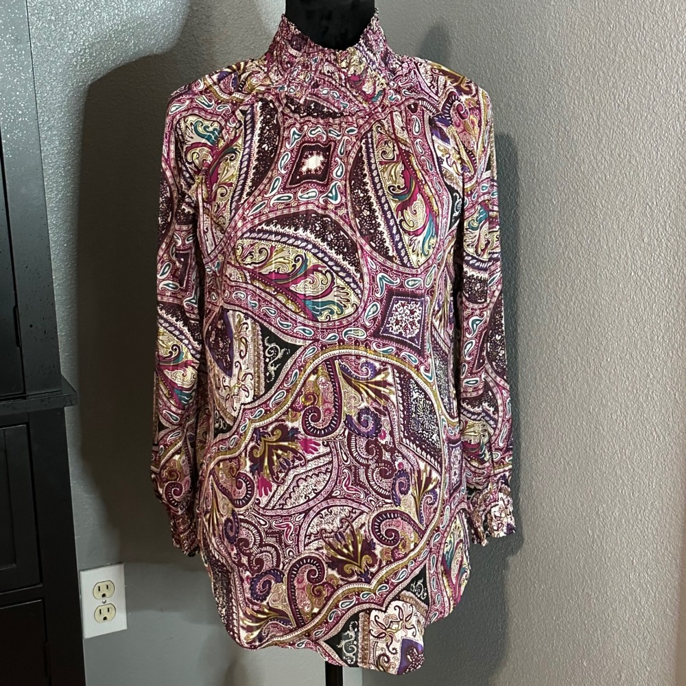 Chico's Paisley Print Mock Neck Tunic Blouse Boho Fall Long Sleeve Size 00 XS